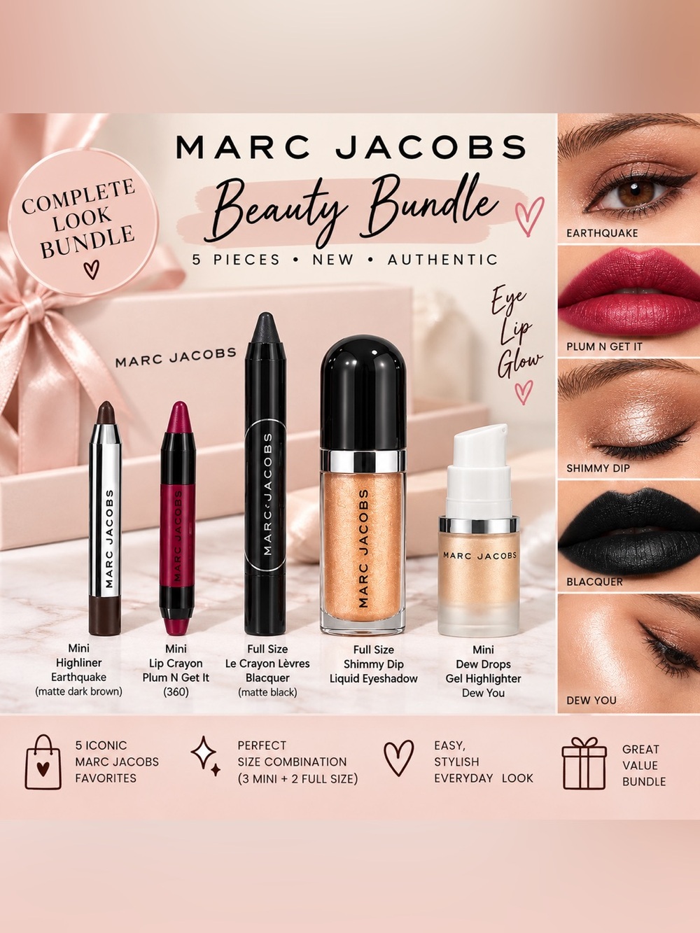 Marc Jacobs Beauty 5-Piece Bundle – Lip, Eye & Highlighter – New